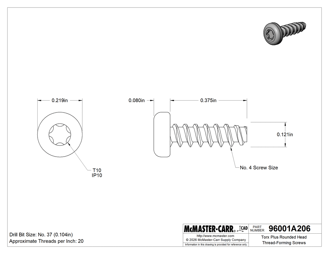 Technical Drawing of Torx Plus Rounded Head Thread-Forming Screws, for Plastic, 18-8 Stainless Steel, Number 4 Size, 3/8" Long.